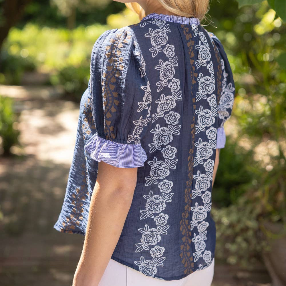 Navy Stripe Ruffle Detail Floral Printed Top