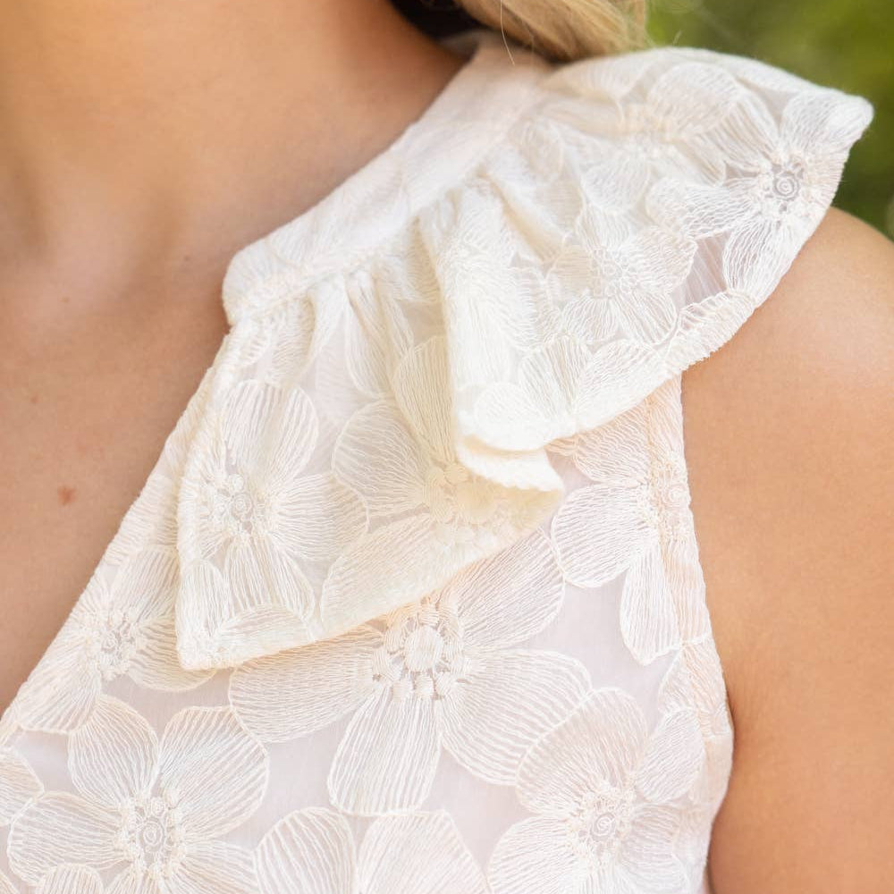 Ivory Sleeveless Ruffled V-Neck Floral Lace Top