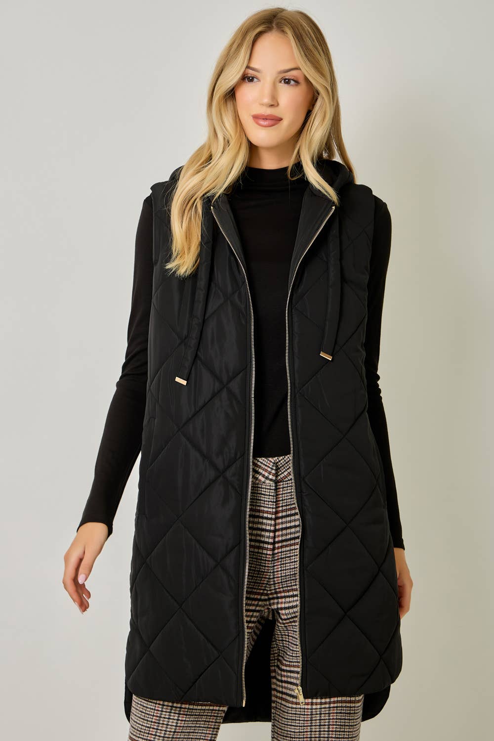 Quilted Puffer Long Hoodie Vest