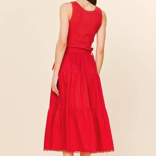 Red Sleeveless Knit Tank Poplin Skirt Dress