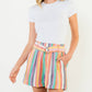 Pink Multicolor High Waist Stripe Shorts with Waist Tie