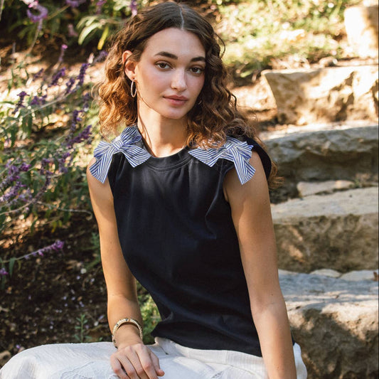 Navy Bow Shoulder Sleeveless Top