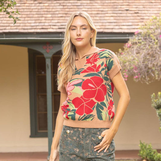 Collared V-Neck Over Shoulder Floral Print Knit Top
