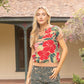 Collared V-Neck Over Shoulder Floral Print Knit Top