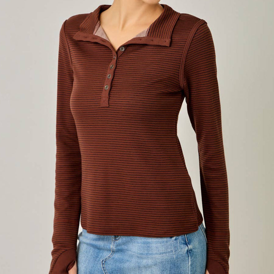 High Neck Striped Henley Top