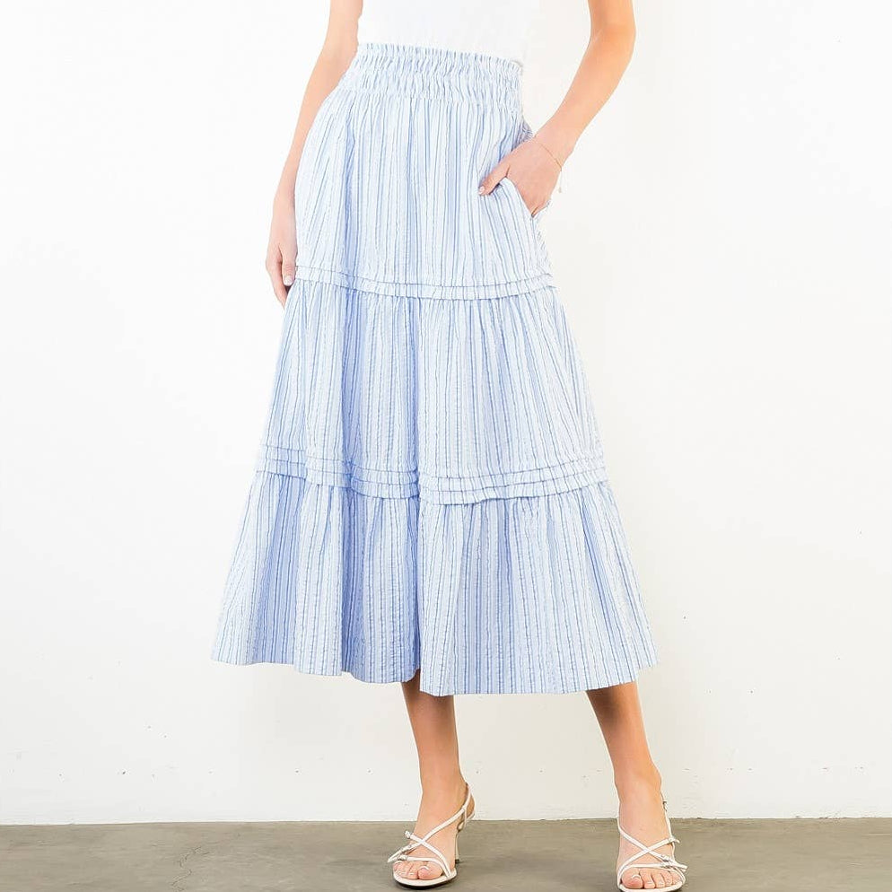 Blue Textured Striped Tiered Skirt