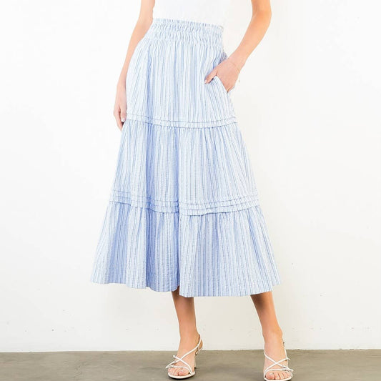 Blue Textured Striped Tiered Skirt