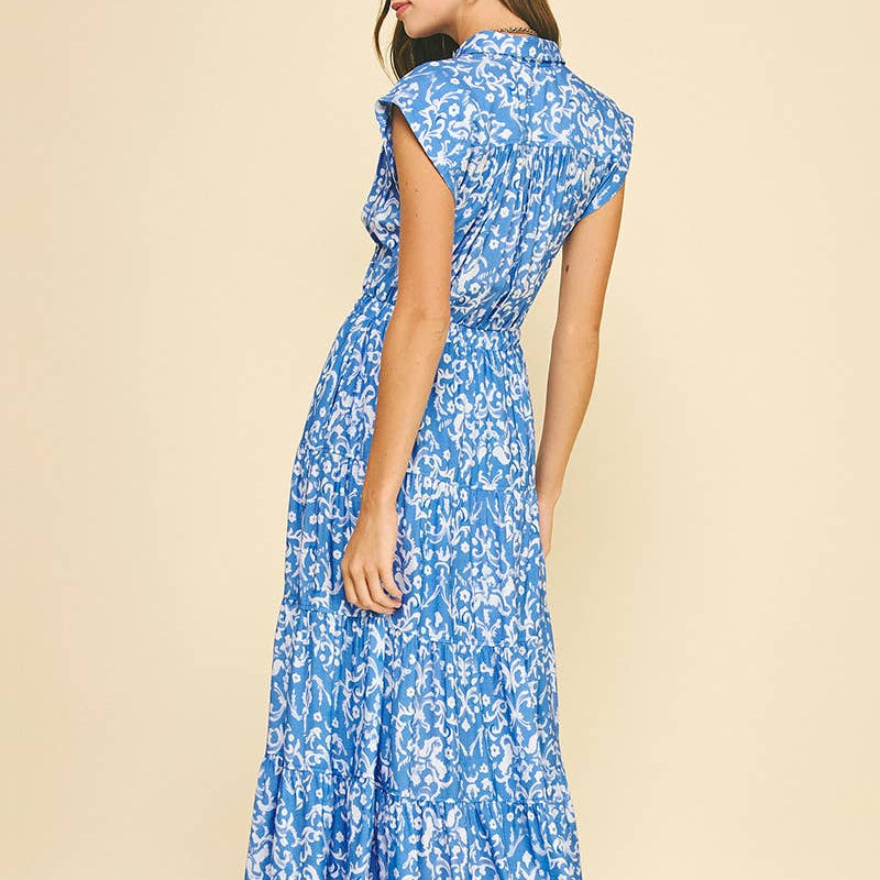 Damask Print Tiered Maxi Dress with Tassel Tie