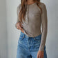 Knit Ribbed Crew Neck Long Sleeve Half Button Up Top