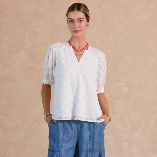 White Textured Star Pattern Short Sleeve Blouse
