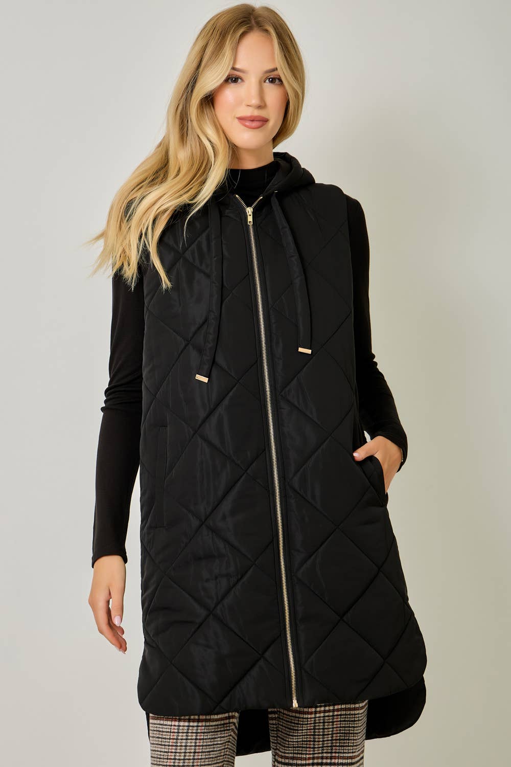 Quilted Puffer Long Hoodie Vest
