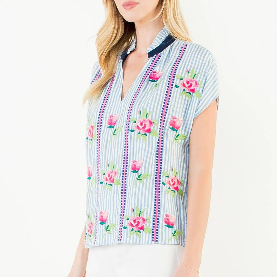 Embroidered Stripe V-Neck Top