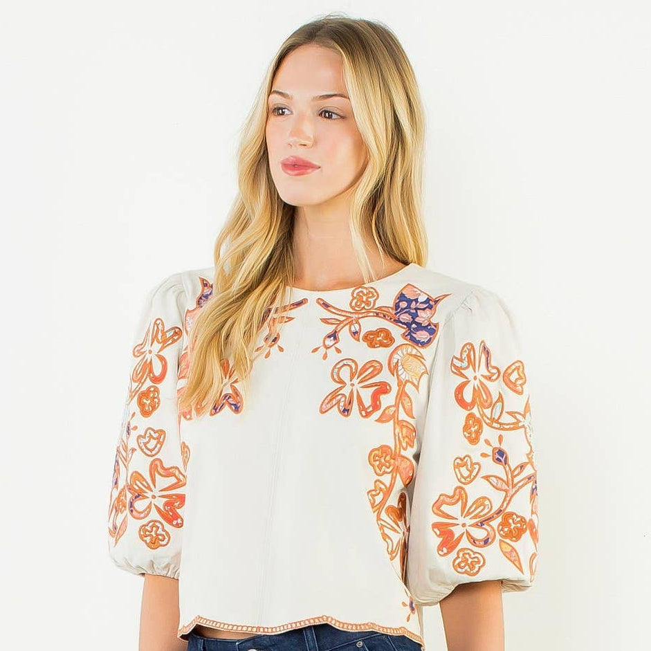 Floral Embroidered Puff Sleeve Top