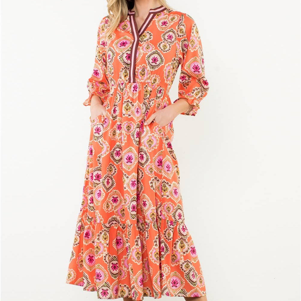 3/4 Sleeve Print Maxi Dress
