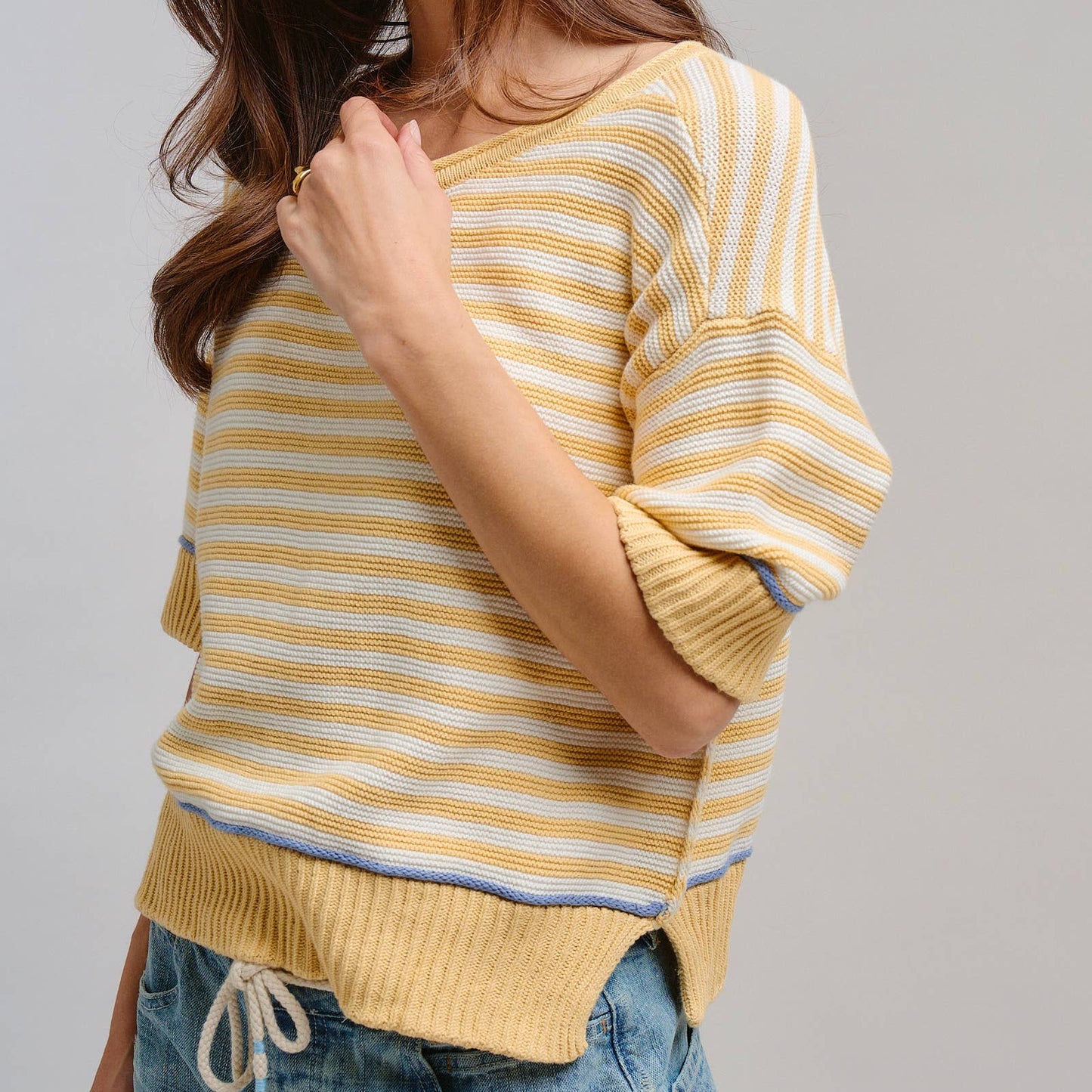 Yellow Striped Contrast Trim Sweater Tee