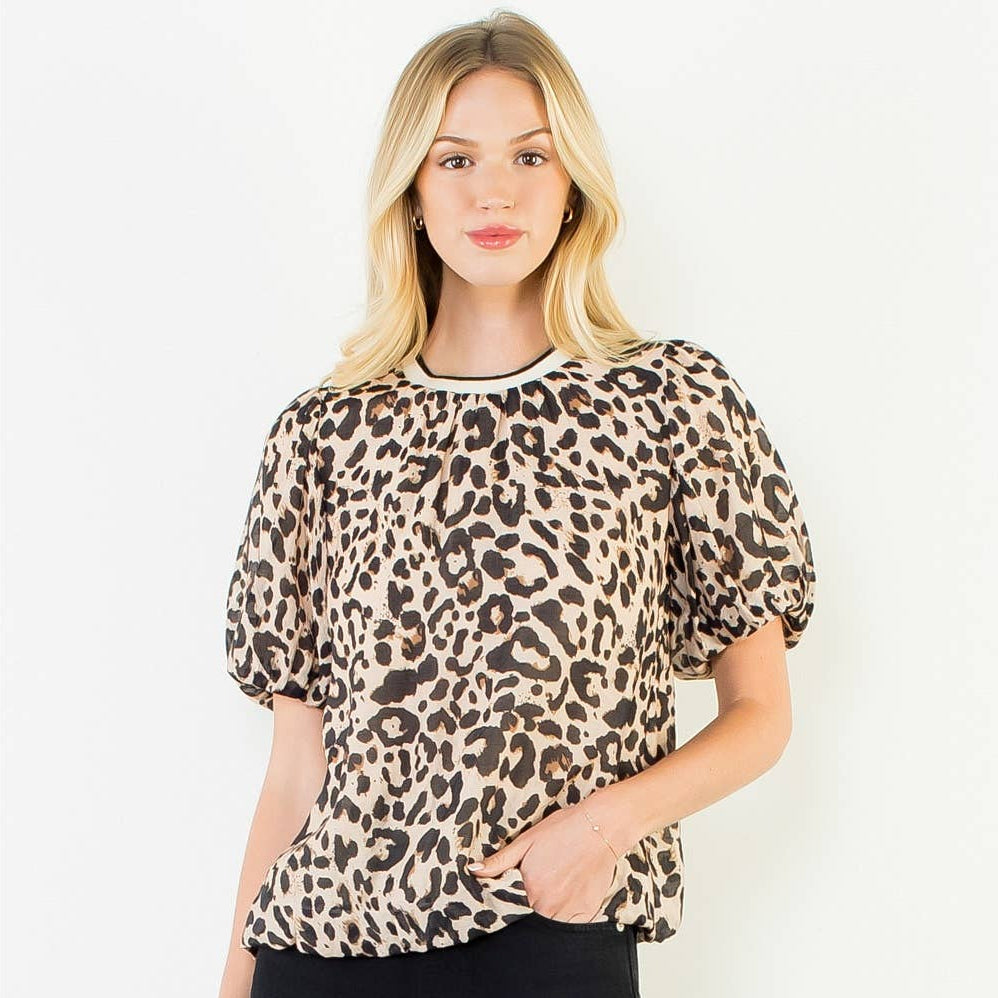 Flowy Puff Sleeve Animal Print Top