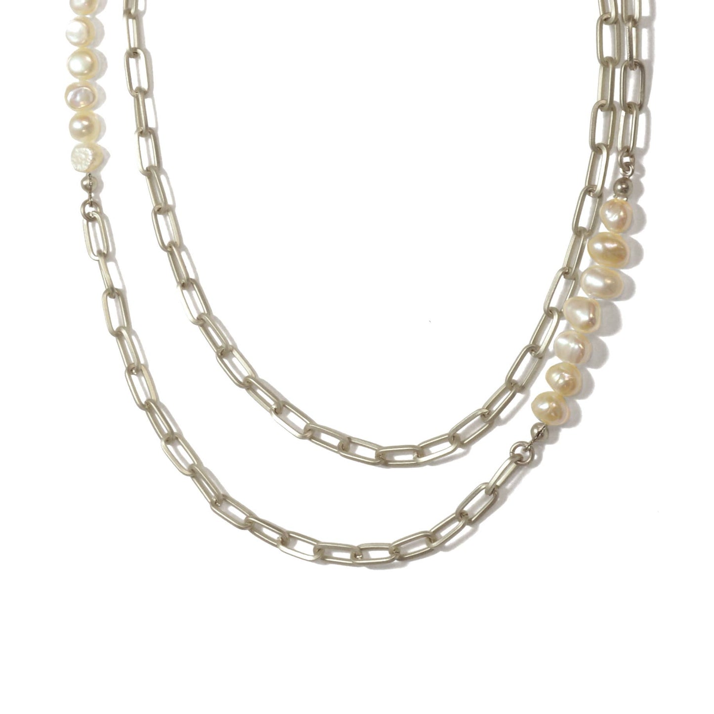 15"+ 2 Dbl FW Silver Pearl Chain Necklace