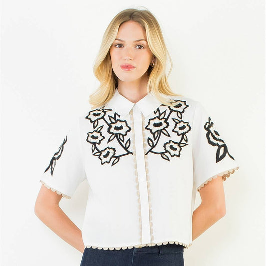 Collared Button Up Embroidery Top