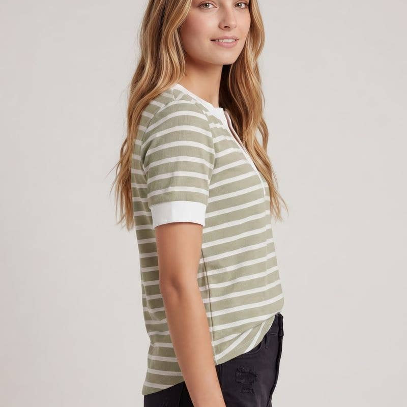 Split V-Neck Striped Short Sleeve Top