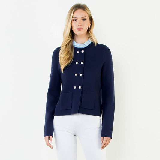 Ruffled Collar Cardigan With Silver Buttons