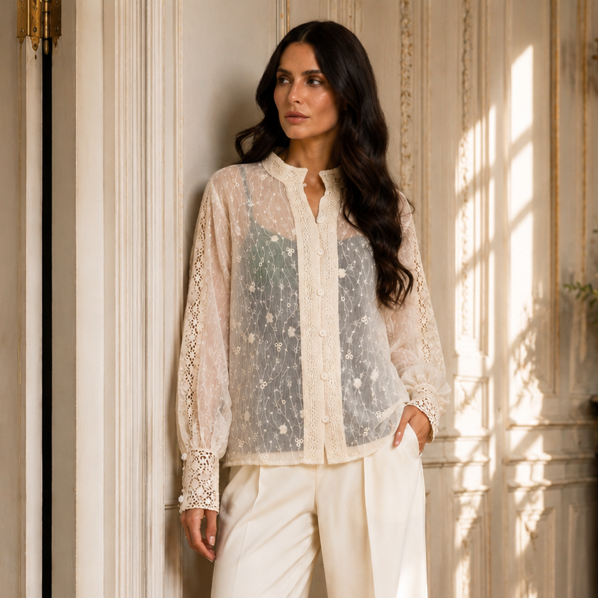 Embroidered Lace Button-Front Blouse
