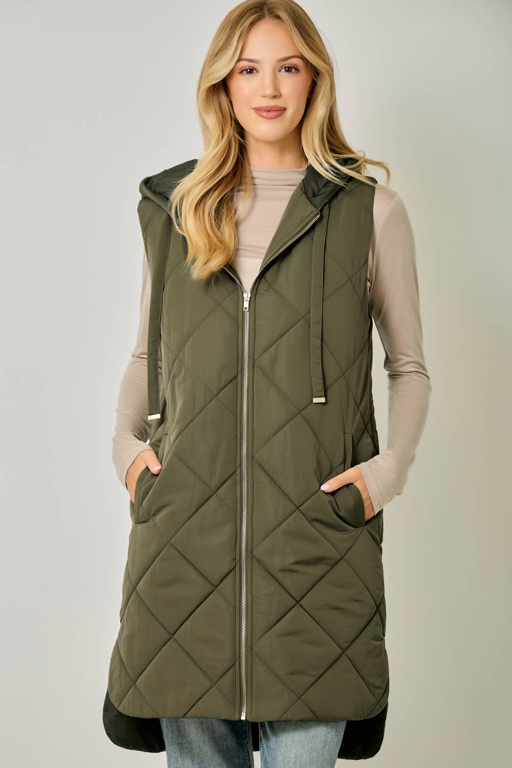 Quilted Puffer Long Hoodie Vest