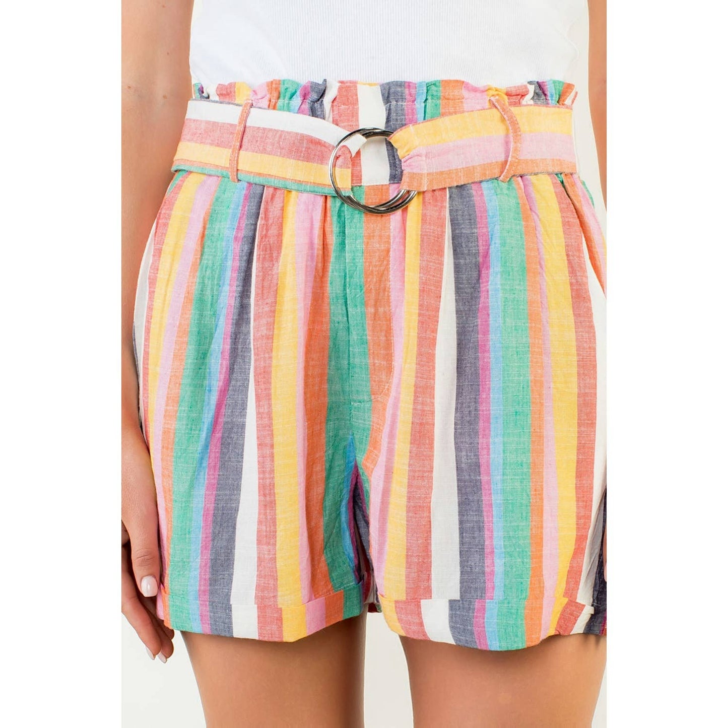 Pink Multicolor High Waist Stripe Shorts with Waist Tie