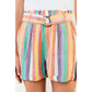 Pink Multicolor High Waist Stripe Shorts with Waist Tie