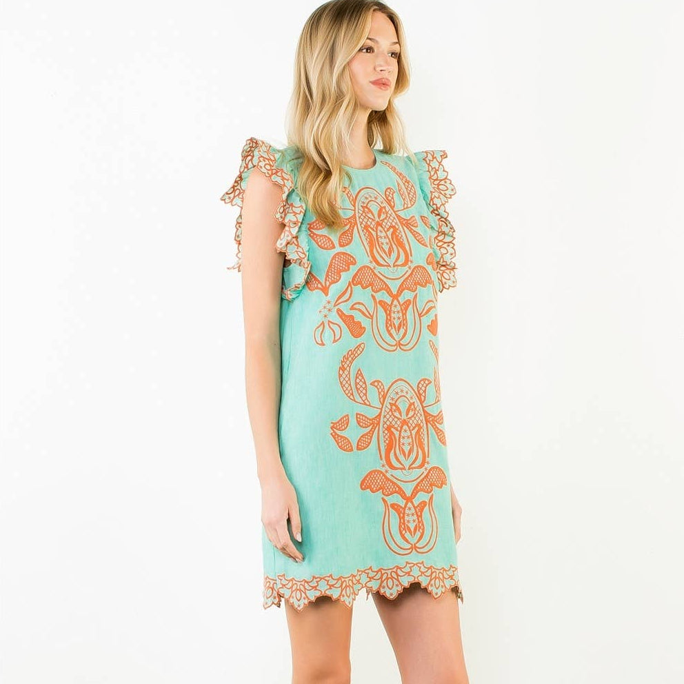 Flutter Sleeve Embroidery Detail Dress