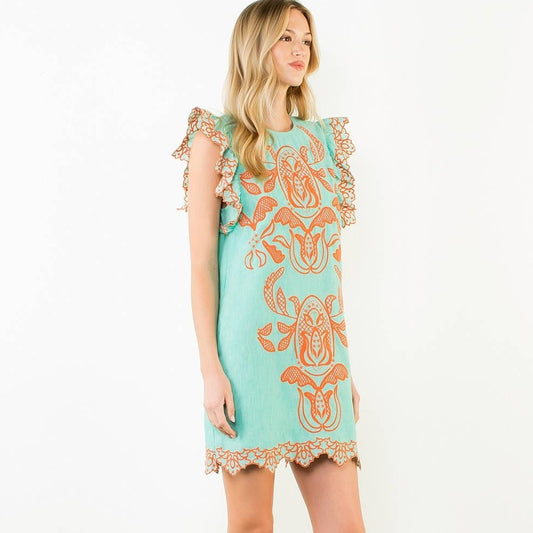 Flutter Sleeve Embroidery Detail Dress