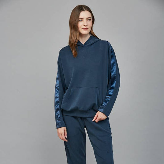 Contrast Satin Trim Detail Hooded Sweatshirt