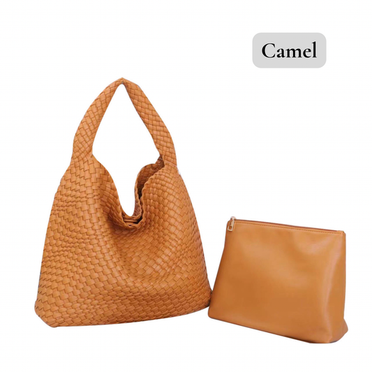 The Willow | Large Woven Vegan Leather Tote with Pouch Bag: Brown