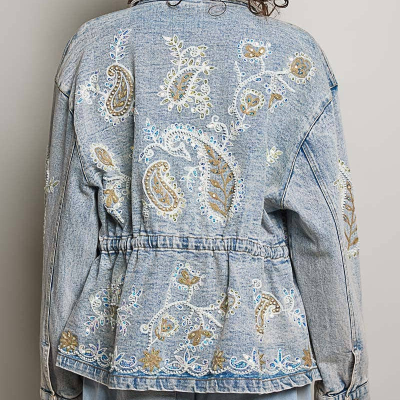 Waist Defining Embroidery Roomy Fit Denim Jacket