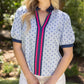 Blue Stripe Placket Embroidered Detail Stripe Top