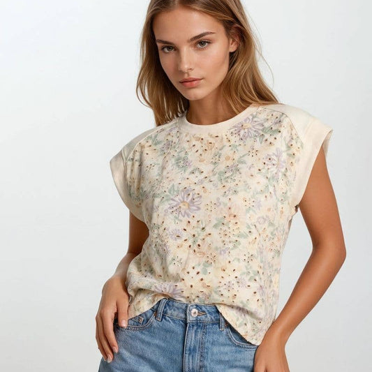 Floral Embroidery Print & Terry Mix Muscle Top - Butter