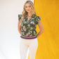 Olive Stripe Ribbed Band Floral Print and Embroidered Top