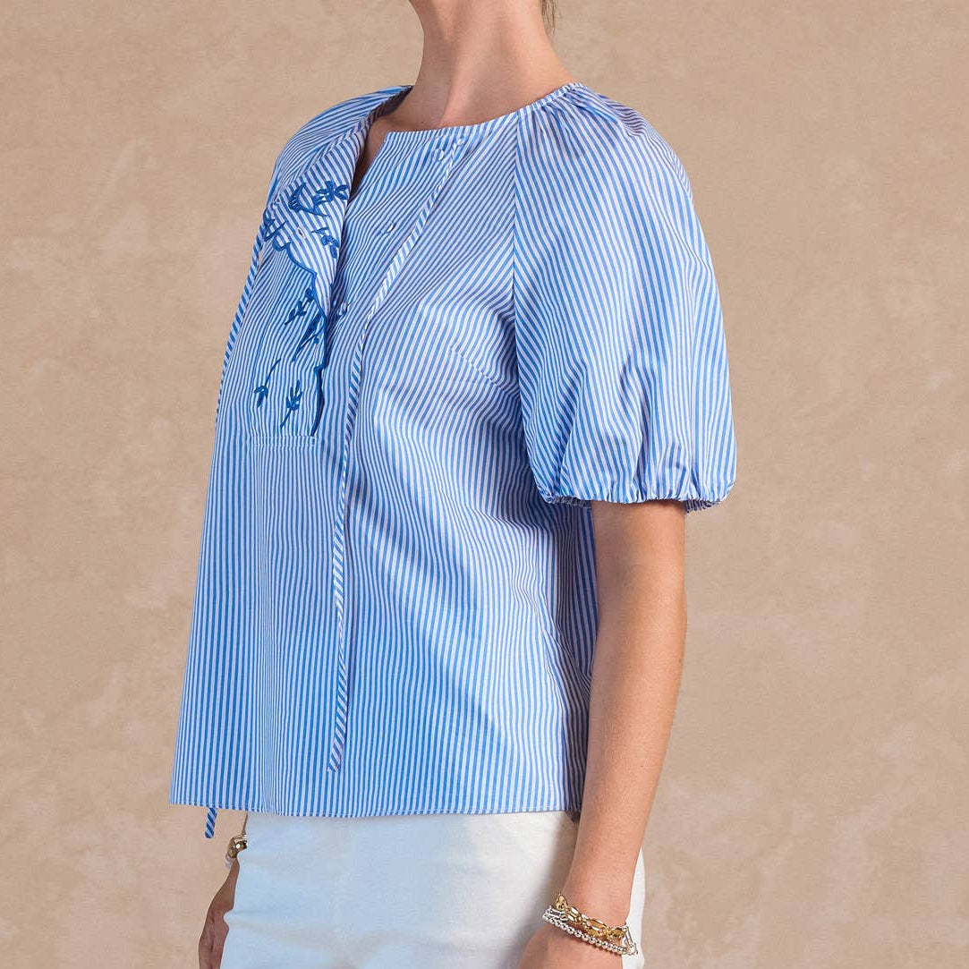 Blue Striped Embroidered Short Sleeve Blouse