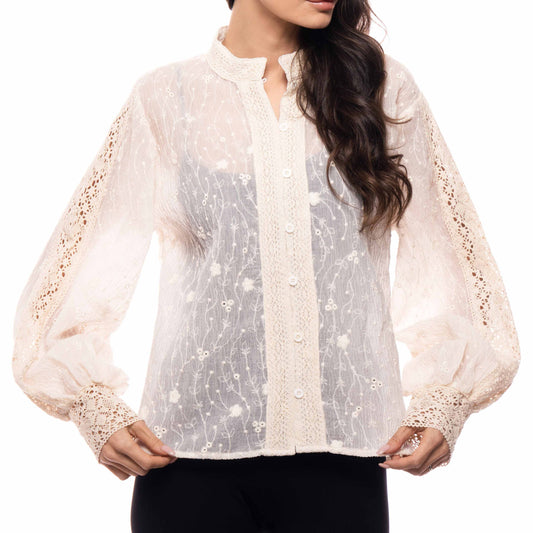 Embroidered Lace Button-Front Blouse