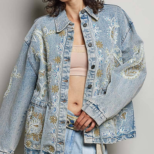 Waist Defining Embroidery Roomy Fit Denim Jacket