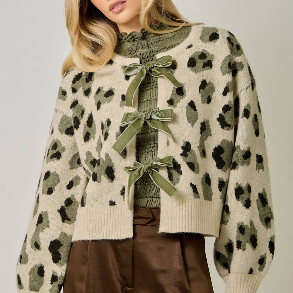 Front Bow Tied Leopard Cardigan