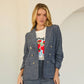 Denim-Look Double-Breasted Blazer with Ruched Sleeves