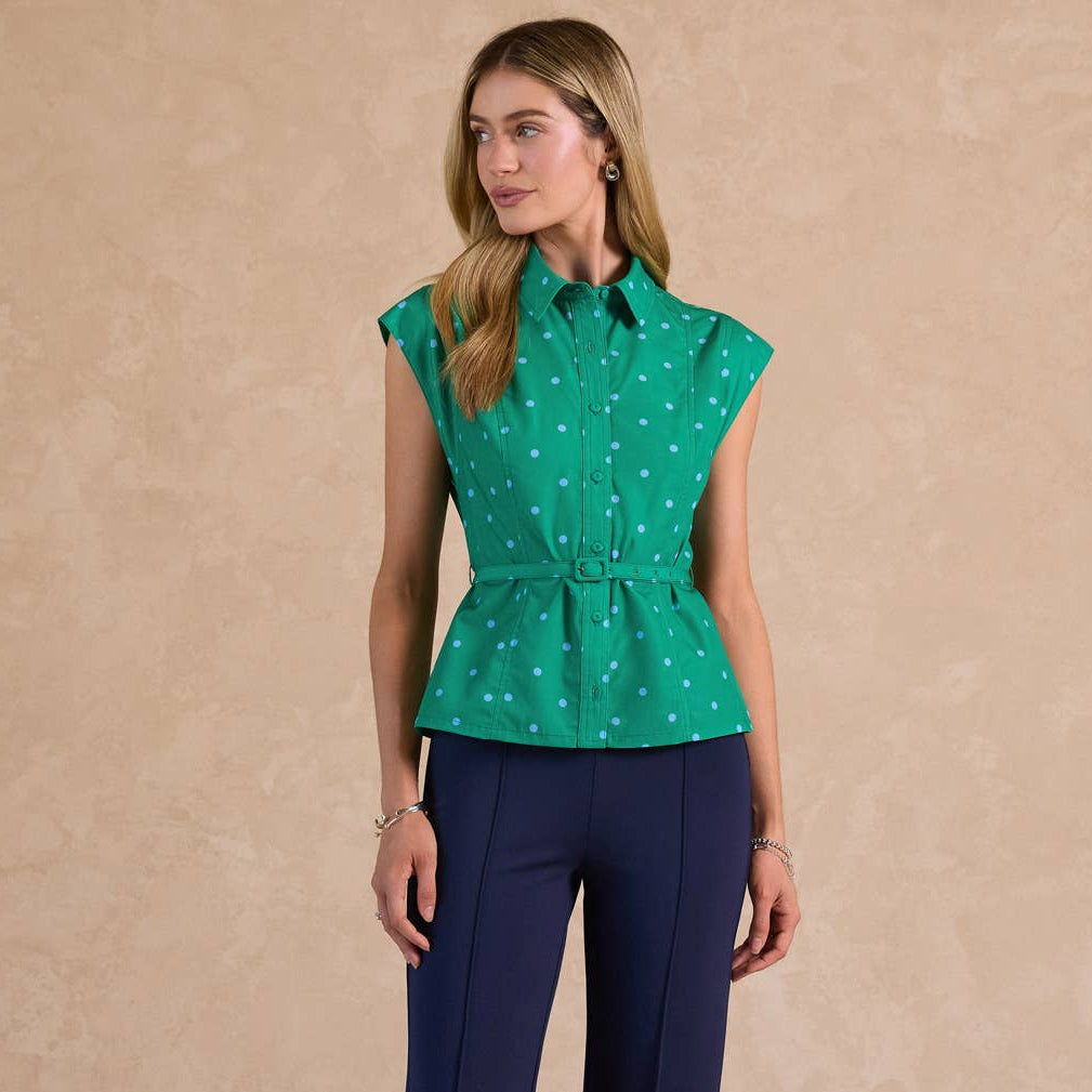 Green Multi Polka Dot Belted Shirt Blouse
