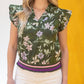 Olive Stripe Ribbed Band Floral Print and Embroidered Top