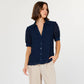 Navy 3D Floral Short Sleeve Button Down Blouse