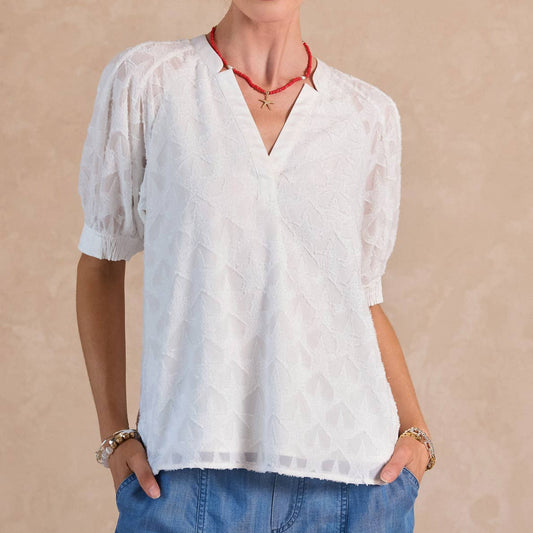 White Textured Star Pattern Short Sleeve Blouse