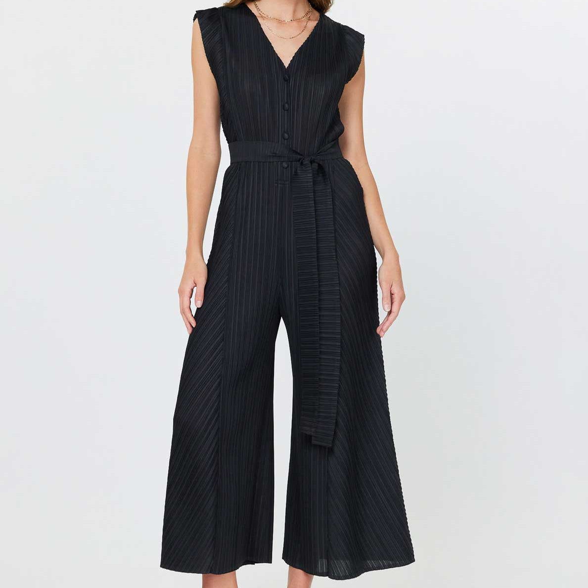 Pleated Sleeveless Button Front Jumpsuit