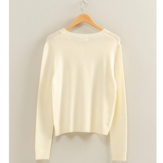 Crew Neck Long Sleeve Buttoned Cardigan: WHIP CREAM
