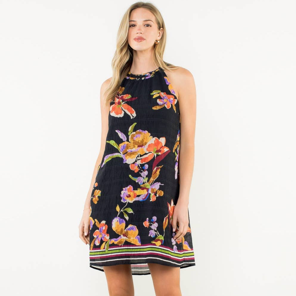 Black Sleeveless Floral Halter Dress