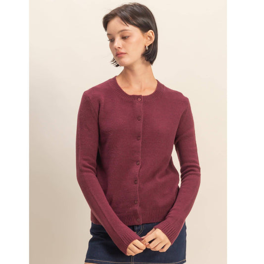Crew Neck Long Sleeve Buttoned Cardigan: DARK CHERRY