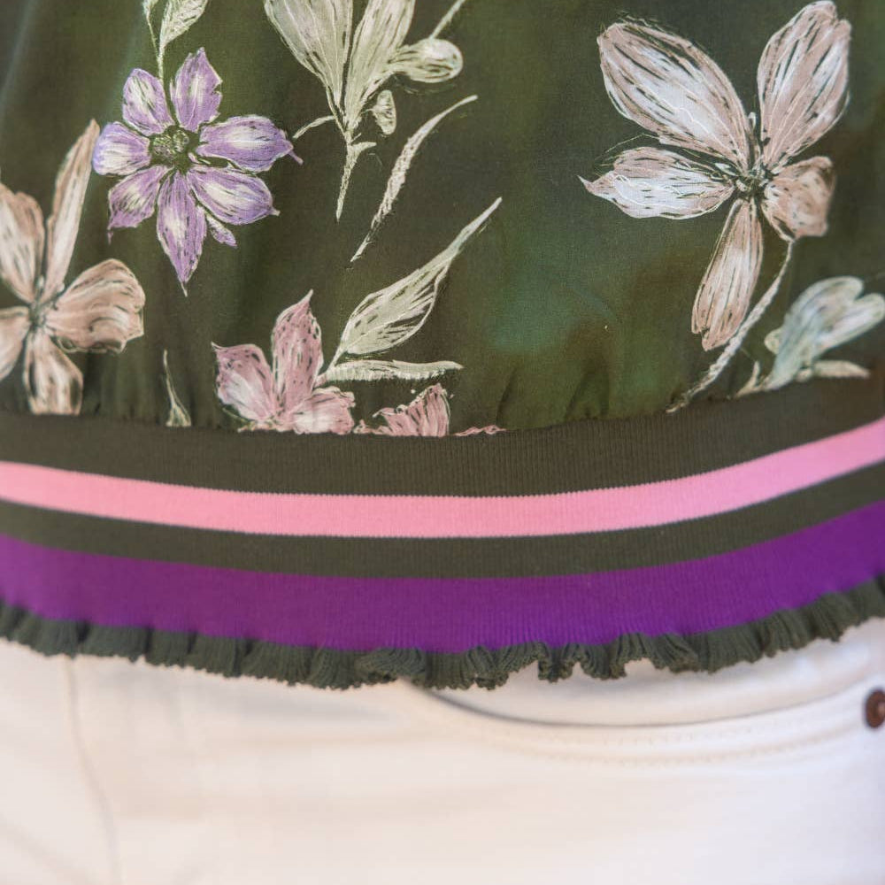 Olive Stripe Ribbed Band Floral Print and Embroidered Top